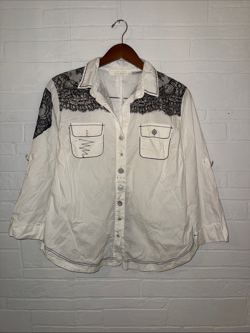 Elisa Cavaletti Button-Up Shirt with Black Lace Yoke